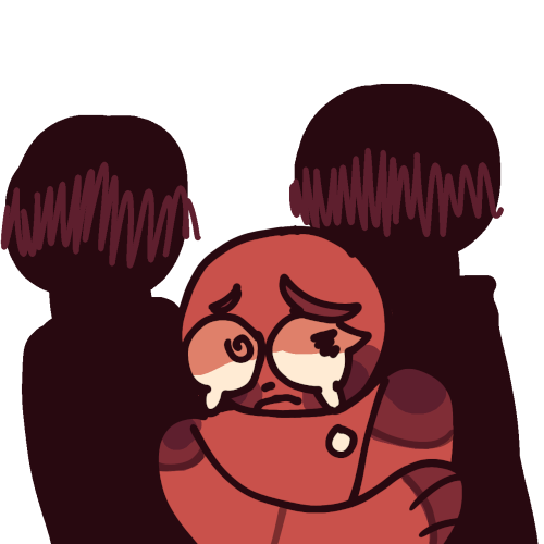a red person crying, tense, and distressed, holding their elbow onto their left hand. Behind them are two dark figures with their faces censored.